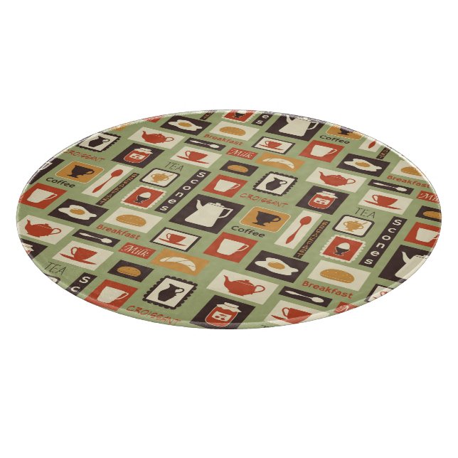 Retro pattern with kitchen dishes for breakfast cutting board (Corner)