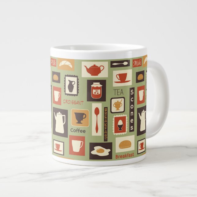Retro pattern with kitchen dishes for breakfast large coffee mug (Front Right)