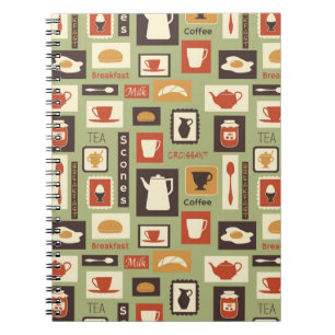 Retro pattern with kitchen dishes for breakfast notebook