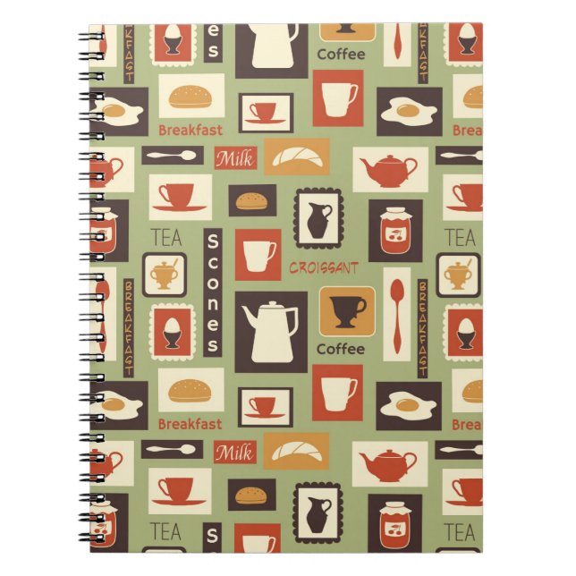 Retro pattern with kitchen dishes for breakfast notebook (Front)