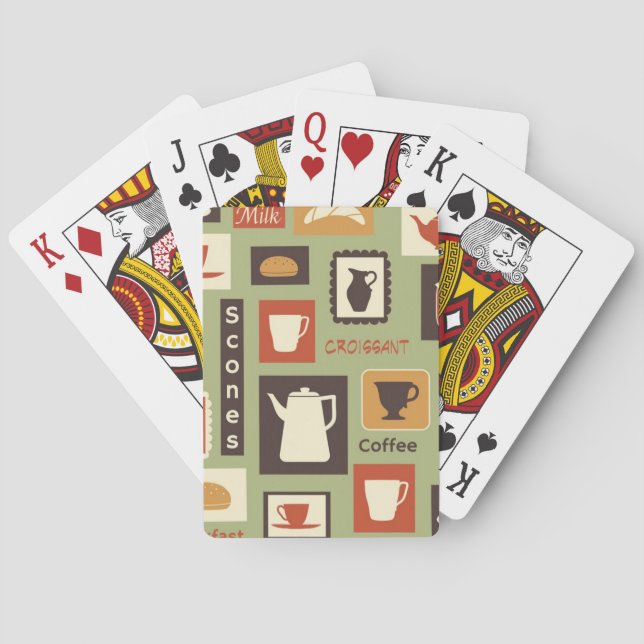 Retro pattern with kitchen dishes for breakfast playing cards (Back)