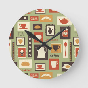 Retro pattern with kitchen dishes for breakfast round clock