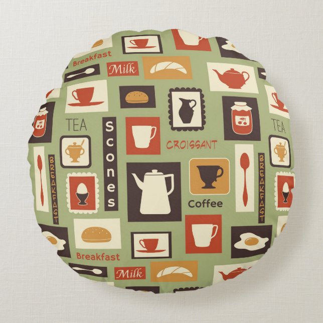 Retro pattern with kitchen dishes for breakfast round cushion (Front)