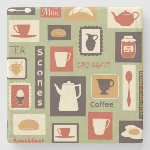 Retro pattern with kitchen dishes for breakfast stone coaster
