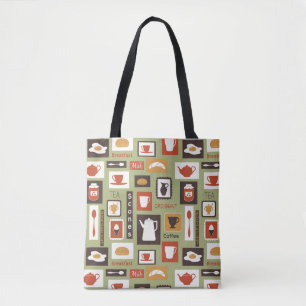 Retro pattern with kitchen dishes for breakfast tote bag