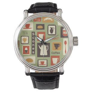 Retro pattern with kitchen dishes for breakfast watch