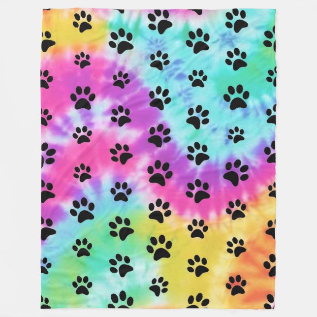 Retro Paw Print Rainbow Tie Dye  Fleece Blanket (Front)