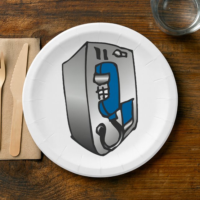 Retro Payphone Blue and Silver Public Telephone Paper Plate (Creator Uploaded)