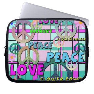 Retro Peace and Flower Power Pink Plaid Laptop Sleeve