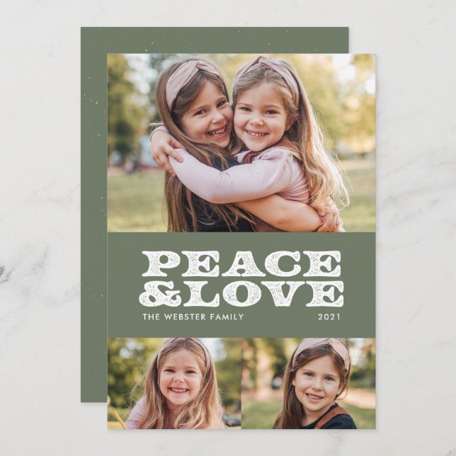 Retro peace and love green three photo holiday card (Front/Back)
