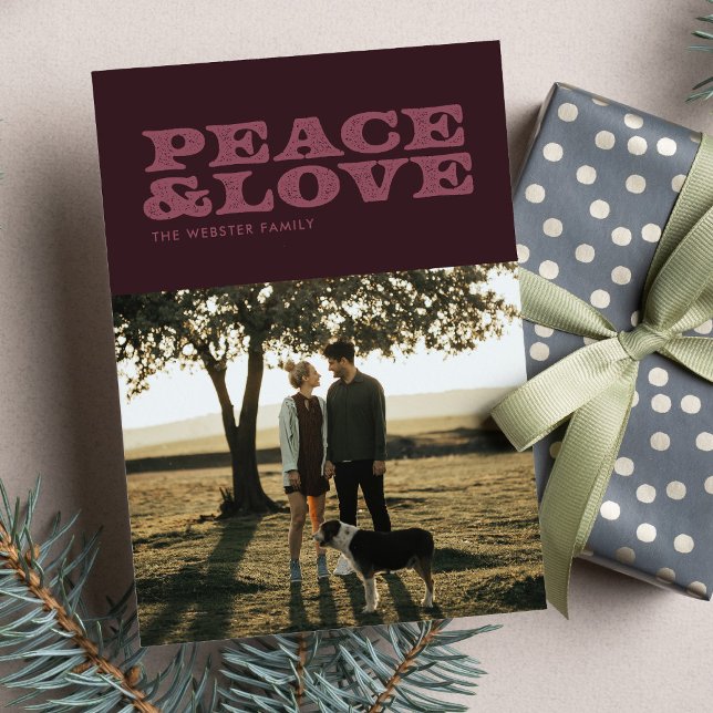 Retro peace and love plum one photo holiday card (Creator Uploaded)