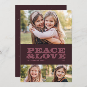 Retro peace and love plum three photo holiday card