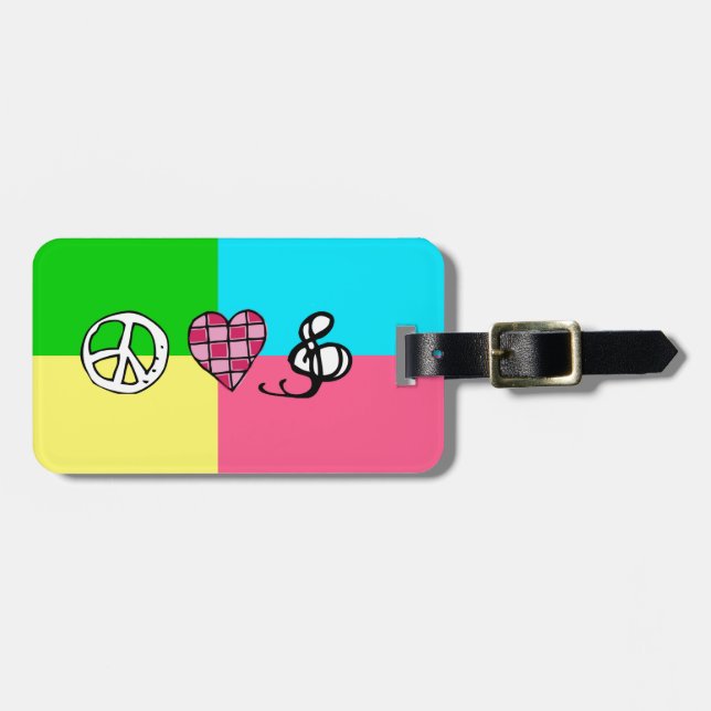 Retro Peace Love and Music Luggage Tag (Front Horizontal)