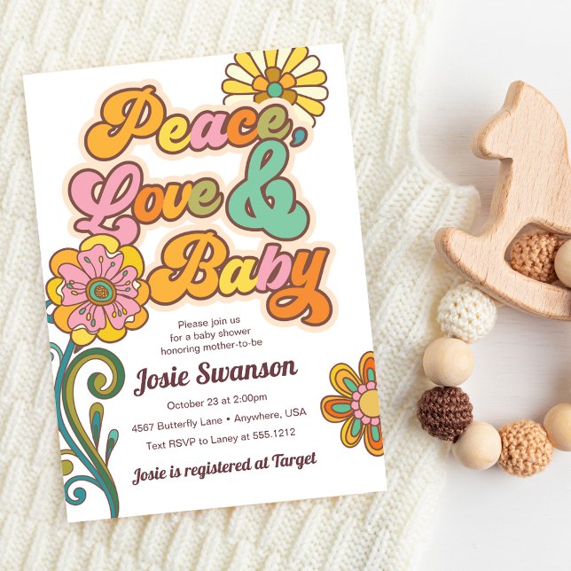 Retro Peace Love Baby Daisy Baby Shower Invitation (Retro Peace Love Baby Daisy Baby Shower Invitation)