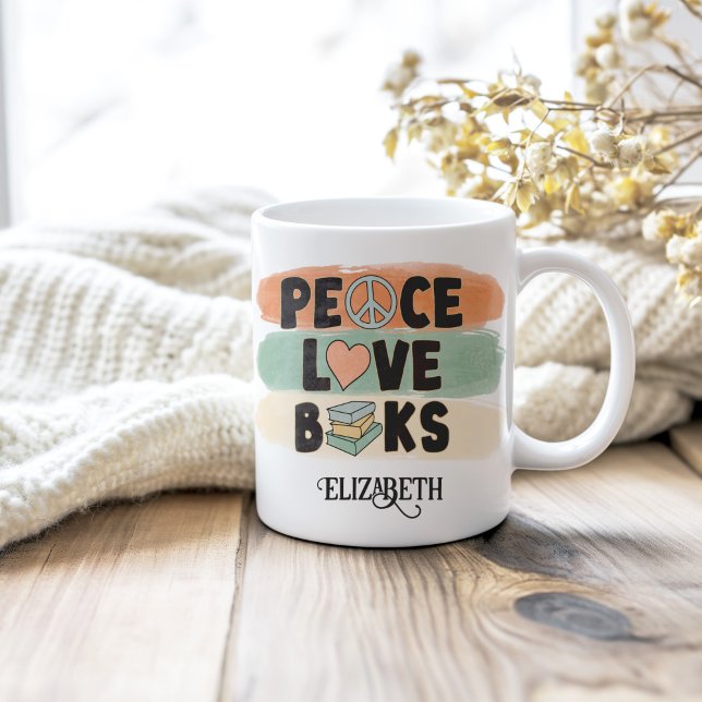 Retro Peace LOVE Books Custom Name Coffee Mug (Retro Peace LOVE Books Custom Name Coffee Mug on a neutral cozy wooden table.)
