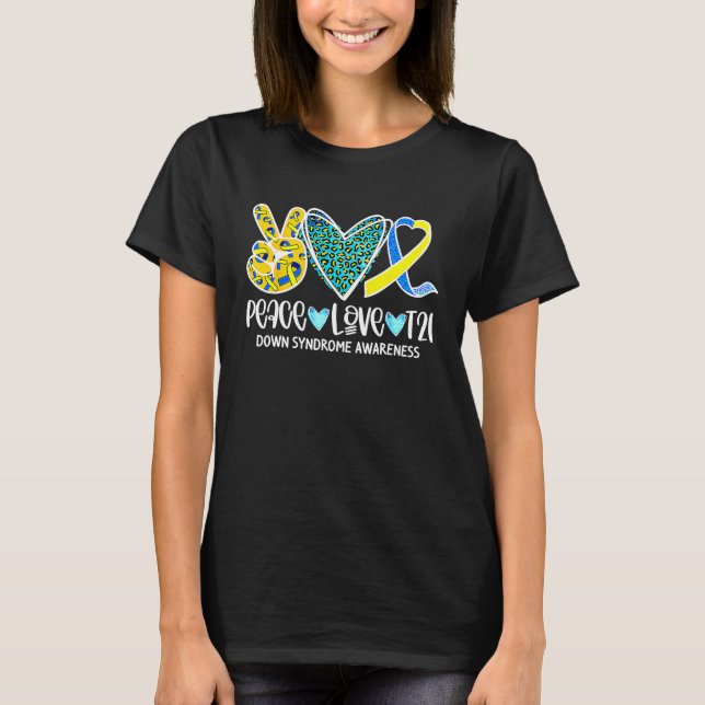 Retro Peace Love Cure Blue & Yellow Ribbon Down Sy T-Shirt (Front)