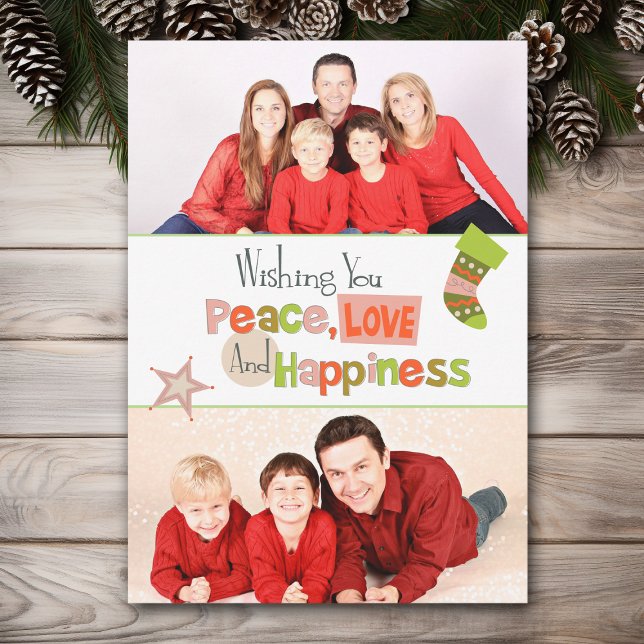 Retro Peace Love Double Photo Christmas Flat Card (Creator Uploaded)