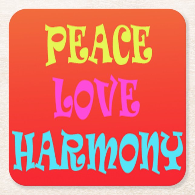 Retro Peace Love Harmony Square Coasters (Front)
