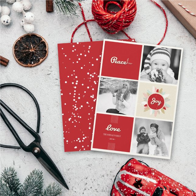 Retro Peace Love Joy Christmas 3 Photo Collage Holiday Card (Creator Uploaded)