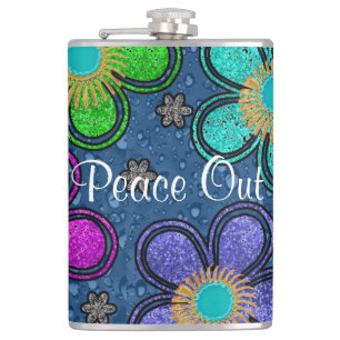 Retro Peace Out Hippie Style Flower Power Pattern Hip Flask