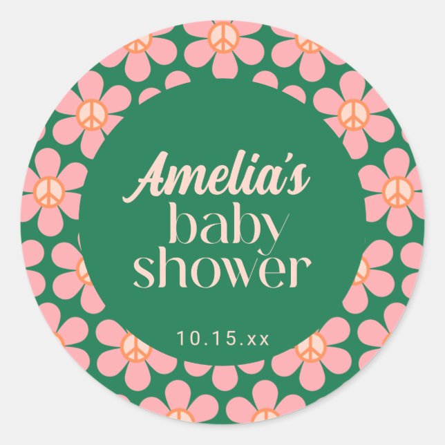 Retro Peace Sign Flower Green Pink Baby Shower  Classic Round Sticker (Front)