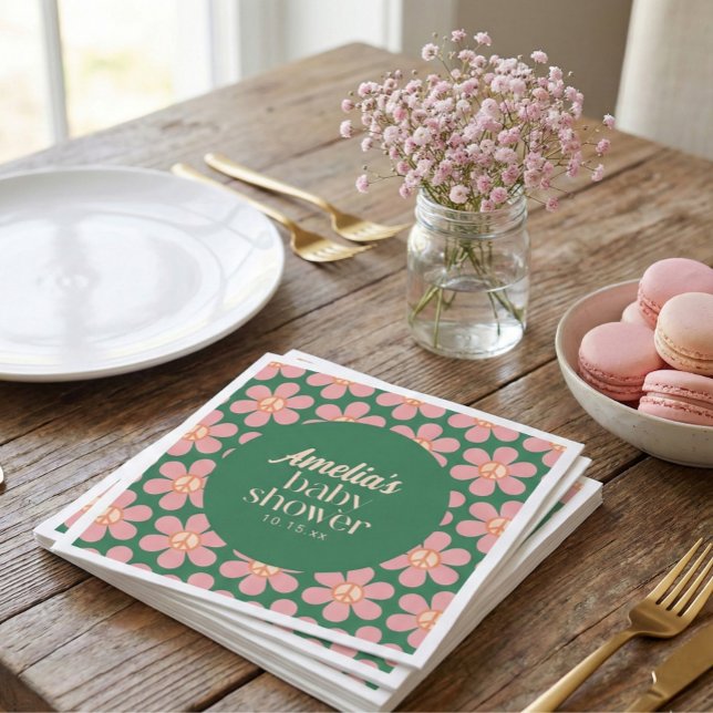 Retro Peace Sign Flower Green Pink Baby Shower  Napkin (Creator Uploaded)