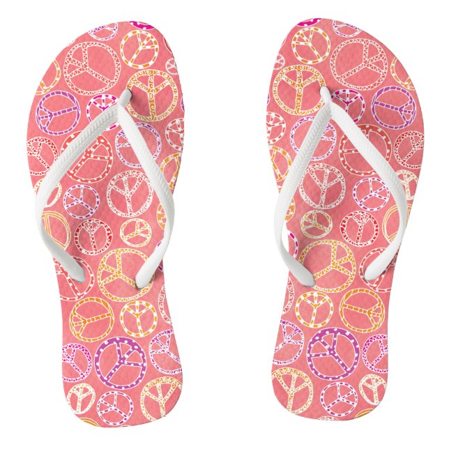 Retro Peace Signs Pattern on Pink Thongs (Footbed)