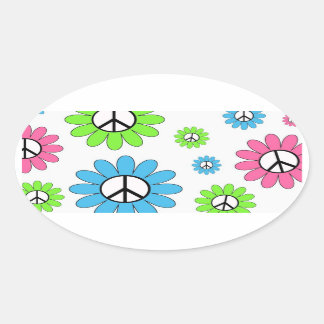 Retro Peace Symbol Flowers Oval Sticker