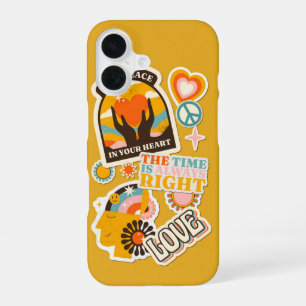 Retro Peaceful Mindset – Hippie Sticker Art iPhone 16 Case