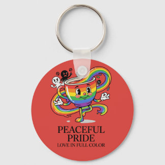Retro Peaceful Pride Rainbow Coffee Cup T-Shirt Key Ring