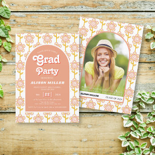 Retro peach and yellow flowers 70s Graduation Invitation