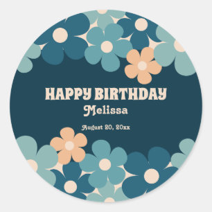 Retro Peach Dark Green Boho Flower 40th Birthday  Classic Round Sticker