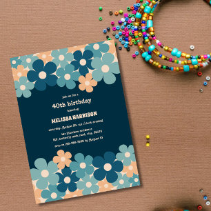 Retro Peach Dark Green Boho Flower 40th Birthday Invitation