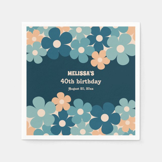 Retro Peach Dark Green Boho Flower 40th Birthday  Napkin (Front)