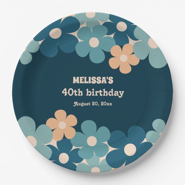 Retro Peach Dark Green Boho Flower 40th Birthday  Paper Plate (Front)