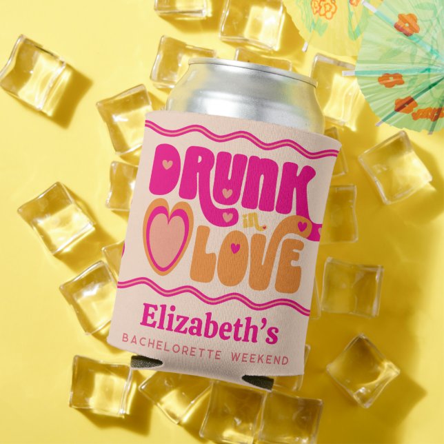 Retro Peach Drunk in Love Bachelorette Weekend Can Cooler (In Situ Summer)