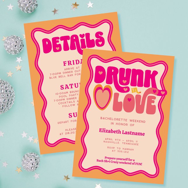 Retro Peach Drunk in Love Bachelorette Weekend Invitation (Creator Uploaded)