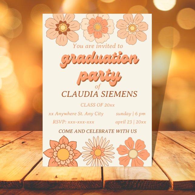 Retro PEACH Floral Groovy Graduation Invitations (Creator Uploaded)