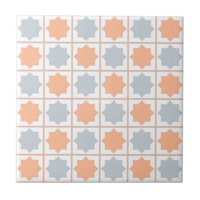 Retro Peach Fuzz and Blue Islamic Geometric Patter Ceramic Tile (Front)
