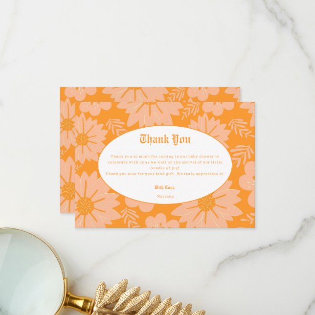 Retro Peach Fuzz Orange Colour Flower Pattern Thank You Card (Front/Back In Situ)
