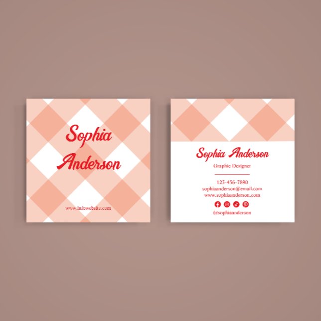 Retro Peach Gingham Pattern Square Business Card (Creator Uploaded)