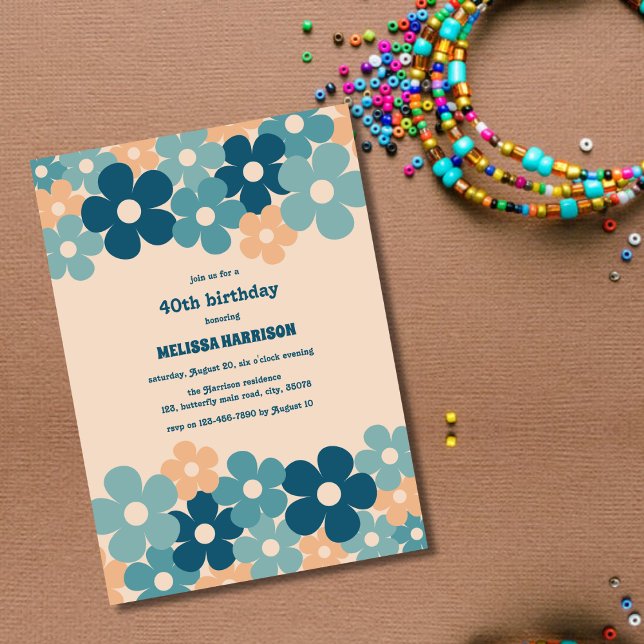 Retro Peach Green Boho Flower 40th Birthday Invitation (Creator Uploaded)