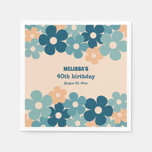 Retro Peach Green Boho Flower 40th Birthday  Napkin (Front)