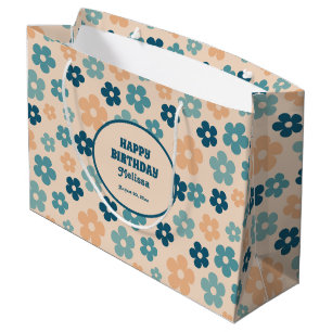 Retro Peach Green Boho Flower Happy Birthday Large Gift Bag