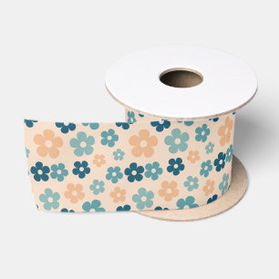 Retro Peach Green Boho Flower Happy Birthday  Satin Ribbon