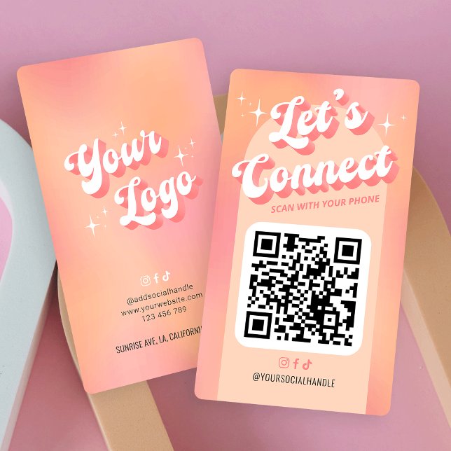 Retro Peach Let's Connect Social Media QR Code Business Card (Retro peach pink QR code business cards with space for your logo and contact details)