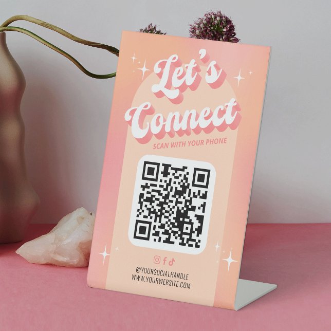 Retro Peach Let's Connect Social Media QR Code Pedestal Sign (Social media QR code pedestal sign, featuring a trendy peach and pink design with retro style fonts)