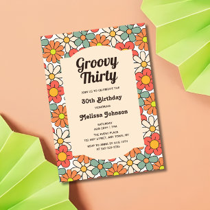 Retro Peach Orange Floral Groovy 30th Birthday Invitation