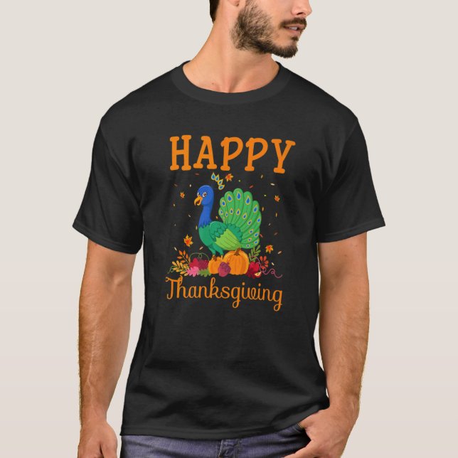 Retro Peacock Happy Thanksgiving Matching Family P T-Shirt (Front)