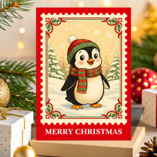 Retro Penguin Christmas Postage Stamp Holiday Card